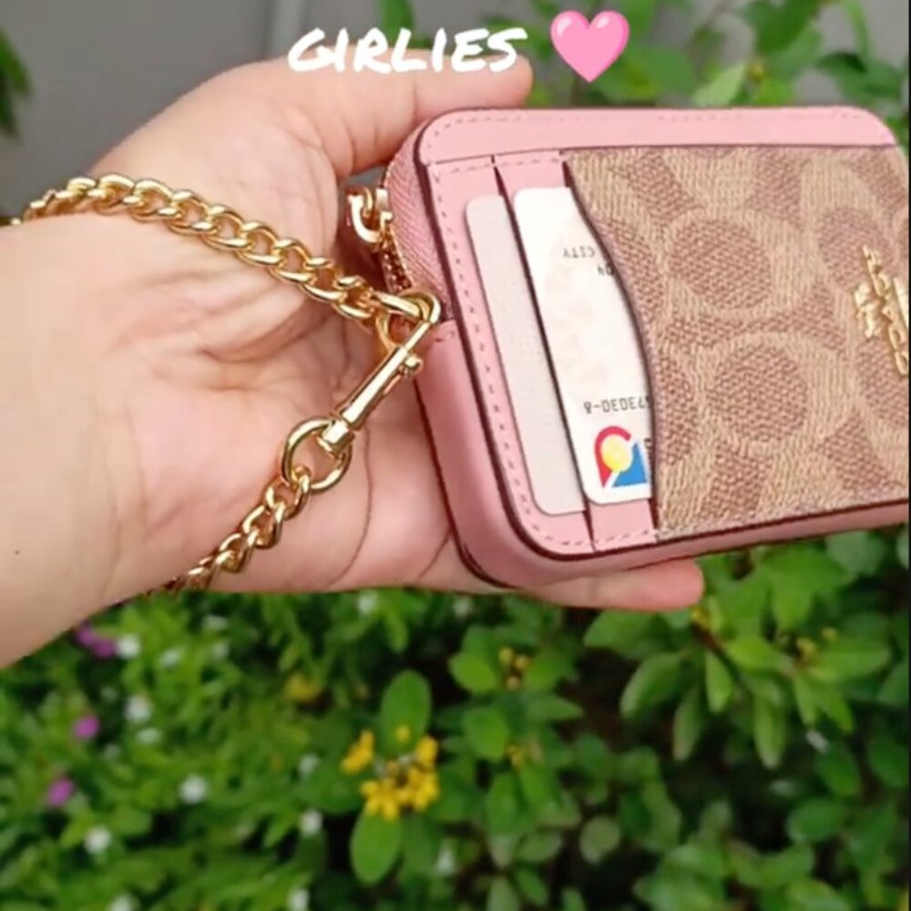 NWT Coach Zip Card Case In Signature Canvas - CW883 Silver/Tan/Dusty Pink $118 - Picture 4 of 14